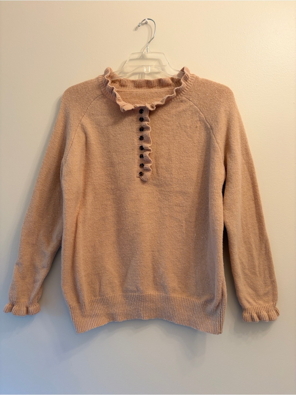 Ruffled Henley Sweater in Taupe